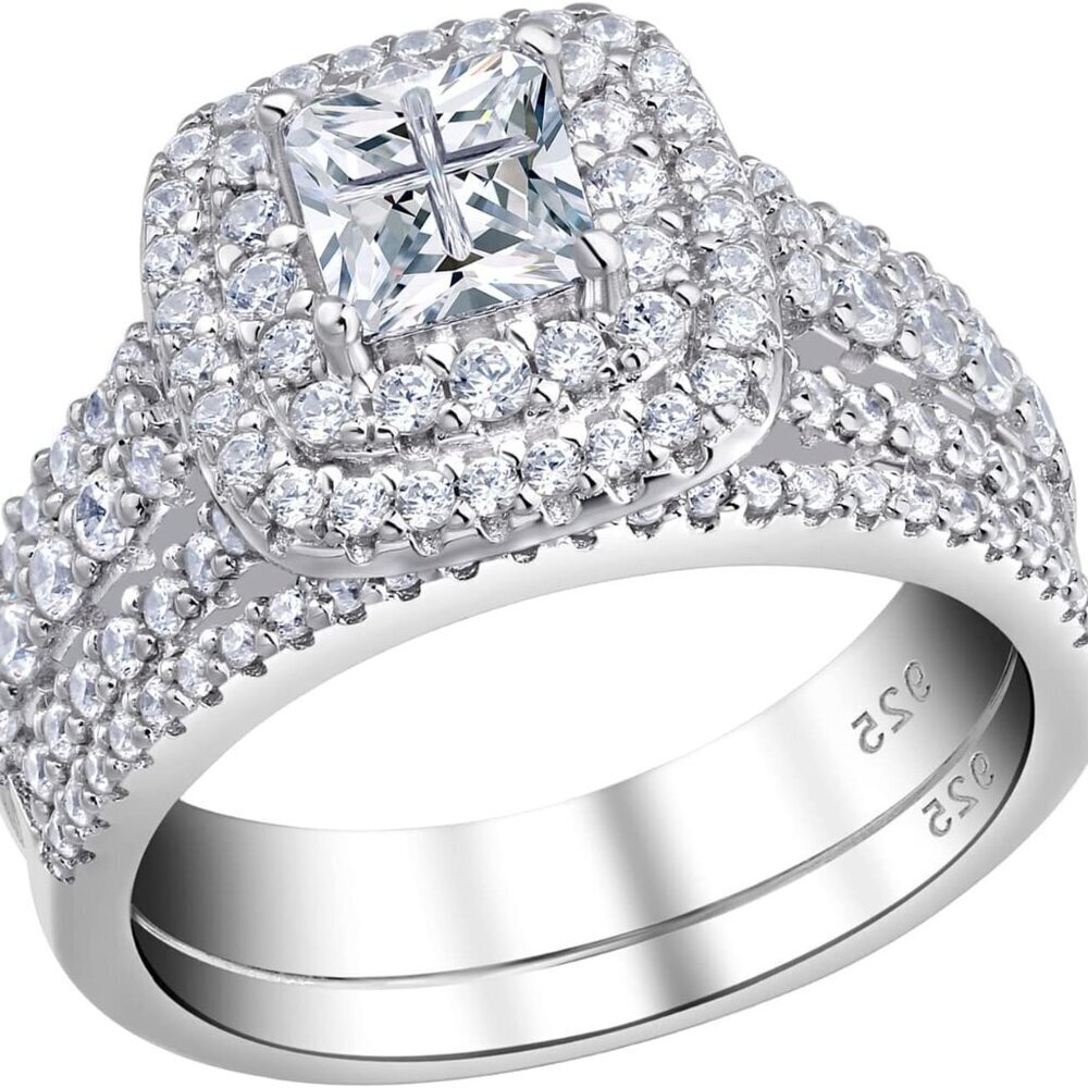 Sterling Silver Cubic Zirconia Engagement Wedding Ring Set Women Size 7